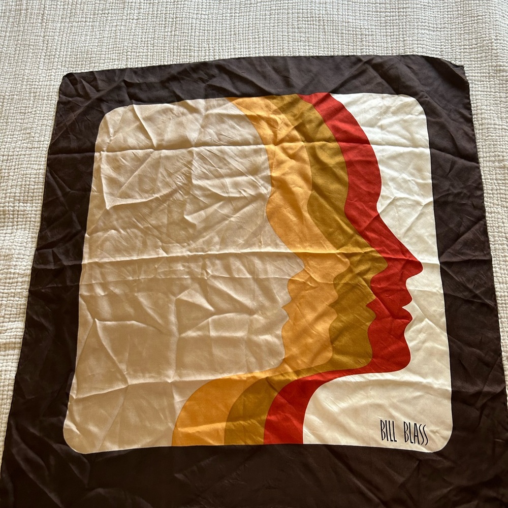 Vintage Bill Blass 1970’s Multi Faces Profiles 100% Silk Hand Rolled Scarf. HTF